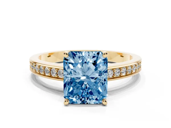 Fancy Blue Radiant Cut Solitaire Pavé Band Prong Setting Ring Yellow gold