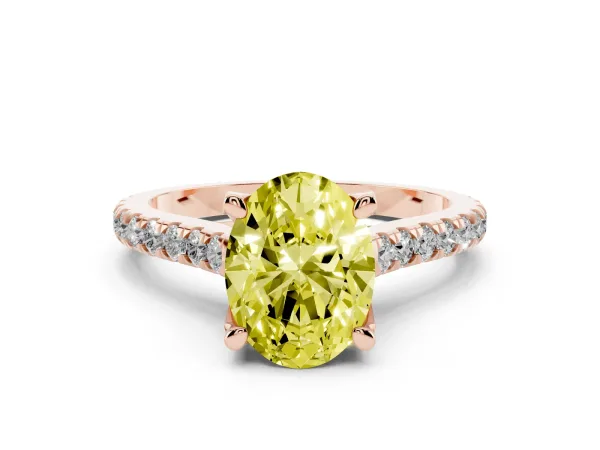 Fancy Yellow Oval Cut Brilliant Diamond Solitaire with Pavé Band and Four-Prong Setting Rose gold
