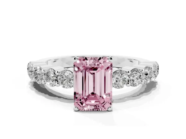 Fancy Pink Emerald Cut Diamond Solitaire Ring with Shared Prong Round Side Stones Platinum