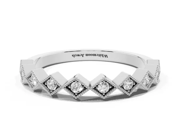 Milgrain Diamond Geometric Stackable Band with Round Cut Stones and Bezel Setting White gold