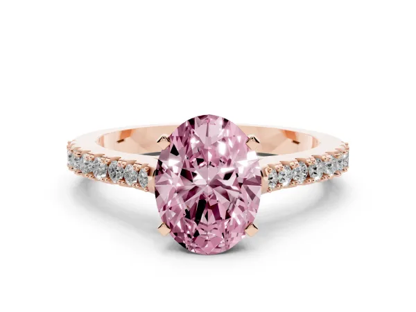 Fancy Pink Oval Cut Cut Solitaire Diamond Engagement Ring with Pave Band and Four-Prong Setting Rose gold