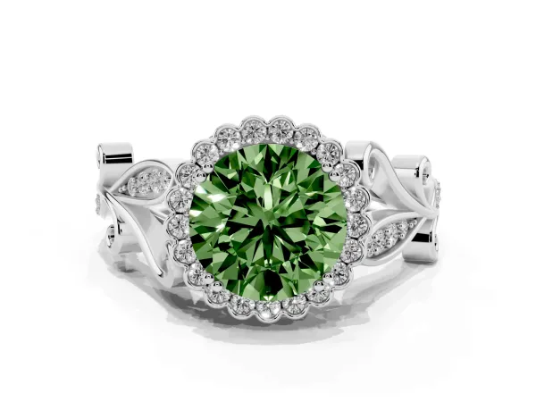 Fancy Green Round Cut Diamond Halo Ring with Vintage Split Shank and Four-Prong Setting Platinum