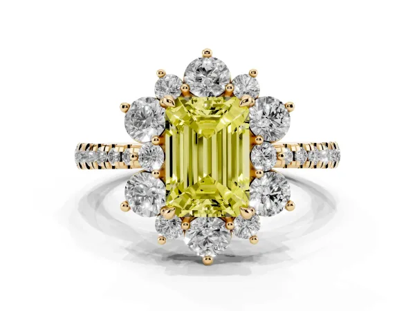 Fancy Yellow Emerald Cut Diamond Floral Halo Ring with Round Pavé Band and Prong Setting Yellow gold