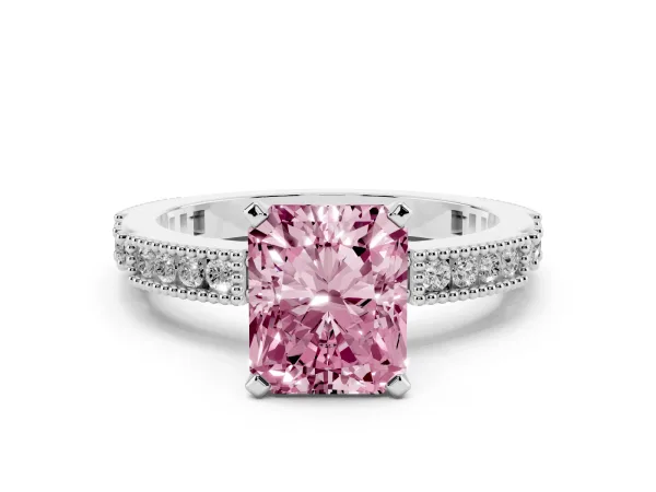 Fancy Pink Radiant Cut Solitaire with Pavé Band and Four-Prong Setting Platinum