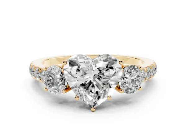 Heart Cut Cut Diamond Three-Stone Ring with Round Side Stones and Pavé Band Yellow gold