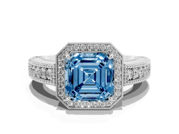 Fancy Blue Asscher Cut Cut Halo Diamond Ring with Pavé Band and Four-Prong Setting Platinum