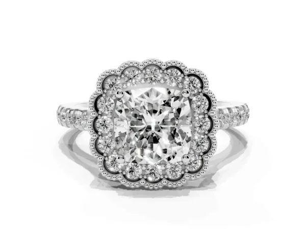 Cushion Cut Cut Diamond Milgrain Floral Halo Engagement Ring with Pavé Band White gold