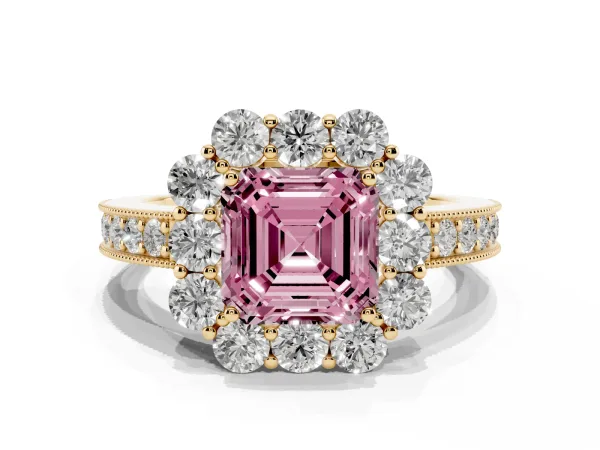 Fancy Pink Asscher Cut Cut Halo Diamond Pavé Engagement Ring with Milgrain Detailing Yellow gold