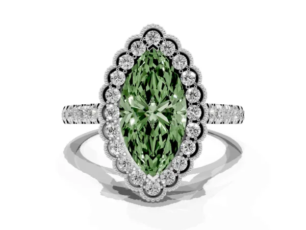 Fancy Green Marquise Cut Cut Diamond Milgrain Floral Halo Engagement Ring with Pavé Band Platinum