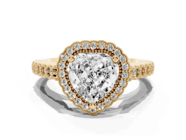 Heart Cut Cut Halo Pavé Solitaire Ring with Milgrain Band Yellow gold