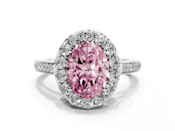 Fancy Pink Oval Cut Diamond Floral Halo Ring with Pavé Band and Prong Setting Platinum