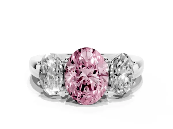 Fancy Pink Oval Cut Diamond Three-Stone Ring with Four-Prong Setting and Classic Band White gold