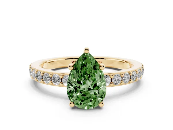 Fancy Green Pear Cut Cut Diamond Solitaire with Pave Band and Four-Prong Setting Yellow gold