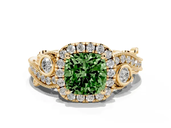 Fancy Green Cushion Cut Diamond Halo Ring with Milgrain Pavé Band and Four-Prong Setting Yellow gold