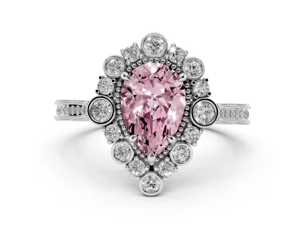 Fancy Pink Pear Cut Halo Milgrain Pave Diamond Ring with Four-Prong Setting Platinum