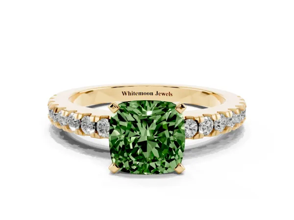 Fancy Green Cushion Cut Solitaire Diamond with Pavé Band and Four-Prong Setting Yellow gold