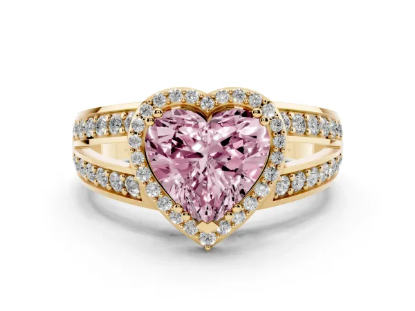 Fancy Pink Heart Cut Diamond Halo Ring with Split Shank Pavé Band and Four-Prong Setting Yellow gold