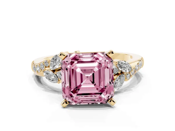Fancy Pink Asscher Cut Solitaire Marquise Twist Band with Six-Prong Setting Yellow gold