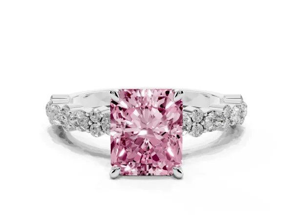 Fancy Pink Radiant Cut Diamond Side Stone Solitaire Ring with Round and Four-Prong Setting White gold