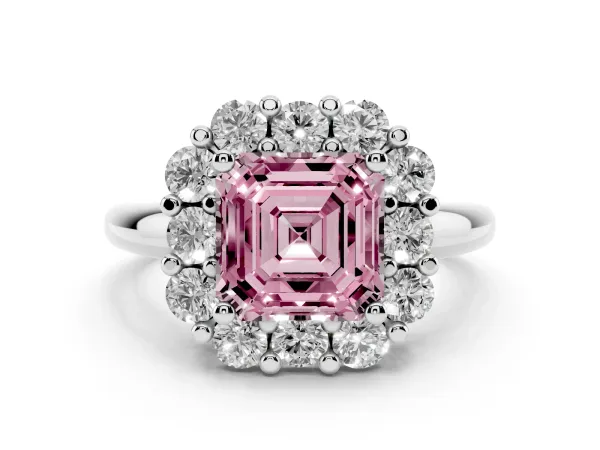 Fancy Pink Asscher Cut Halo Cluster Diamond Engagement Ring with Prong Setting and Polished Band White gold