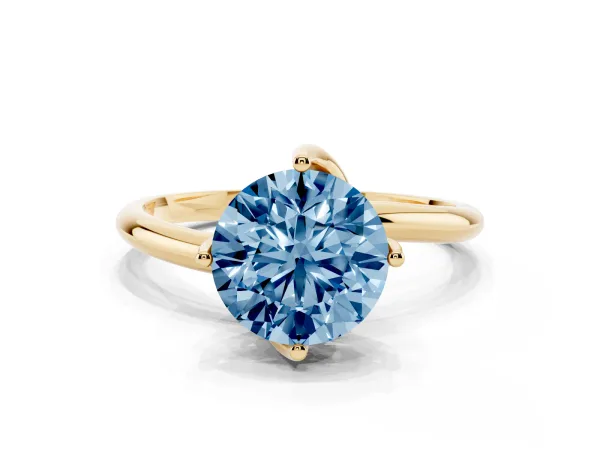 Fancy Blue Round Cut Diamond Solitaire Engagement Ring with Four-Prong Setting and Classic Band Yellow gold