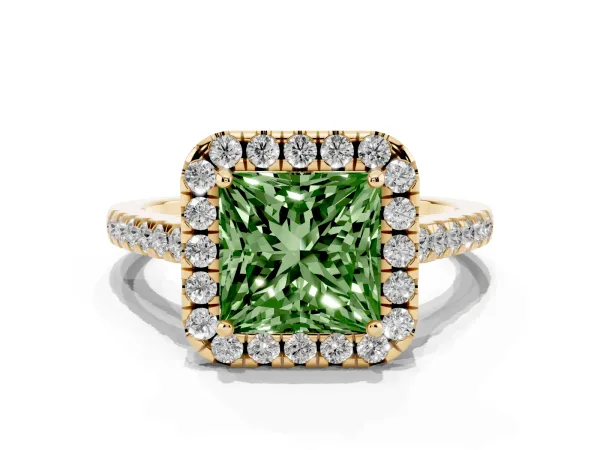 Fancy Green Princess Cut Halo Pavé Diamond Engagement Ring with Four-Prong Setting Yellow gold
