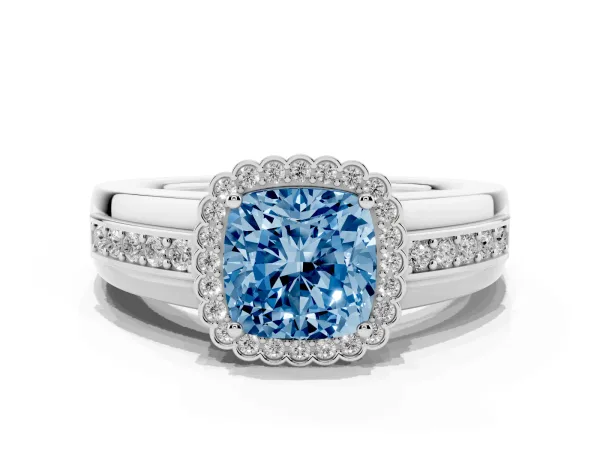 Fancy Blue Cushion Cut Cut Halo Pave Band Four-Prong Ring White gold