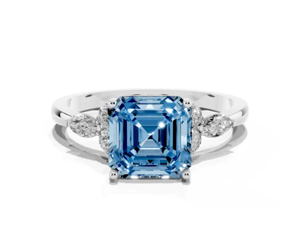 Fancy Blue Asscher Cut Brilliant Diamond Solitaire Ring with Pear Side Stones and Four-Prong Setting White gold