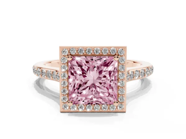Fancy Pink Princess Cut Diamond Halo Engagement Ring with Round Pavé Shoulders and Prong Setting Rose gold