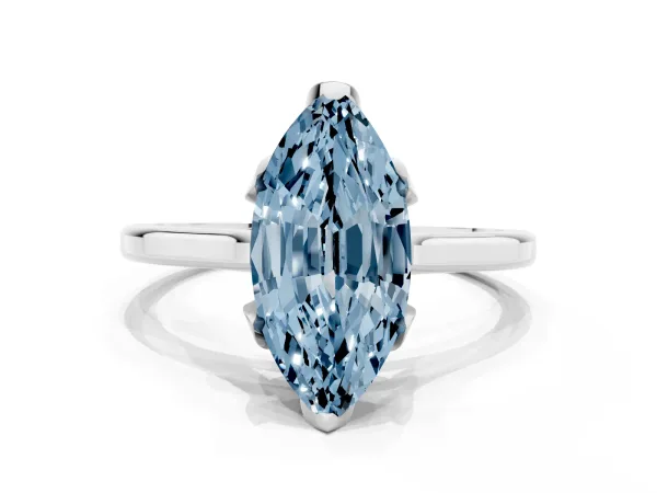 Fancy Blue Marquise Cut Diamond Solitaire Ring with Flower Prong Setting and Classic Band Platinum