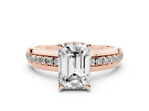 Emerald Cut Solitaire Diamond Ring with Channel Set Band and Six-Prong Setting Rose gold