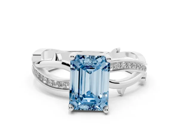 Fancy Blue Emerald Cut Solitaire Twist Band with Pavé Accents and Four-Prong Setting Platinum