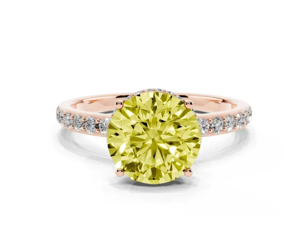 Fancy Yellow Round Cut Diamond Solitaire Ring with Pavé Band and Hidden Halo Rose gold