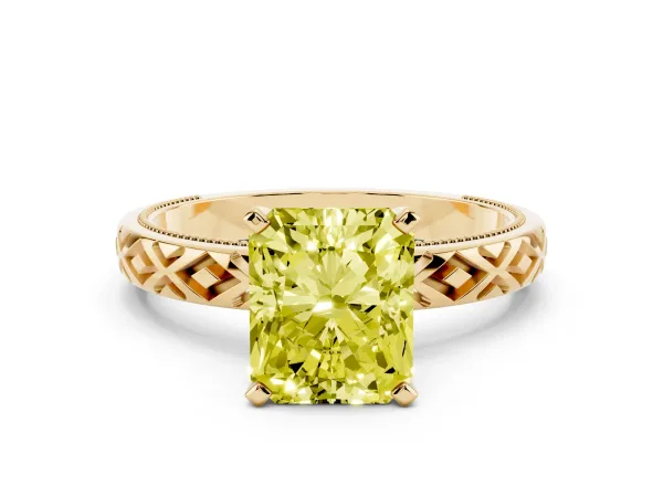 Fancy Yellow Radiant Cut Solitaire Diamond Ring with Milgrain and Black Enamel X Pattern Band Yellow gold