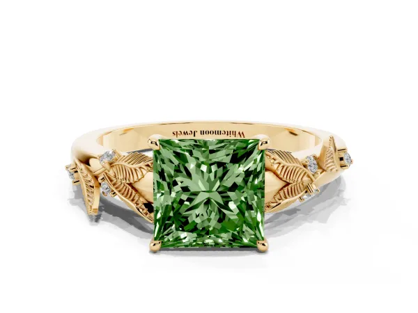Fancy Green Princess Cut Diamond Solitaire Ring with Leaf Motif Band and Four-Prong Setting Yellow gold