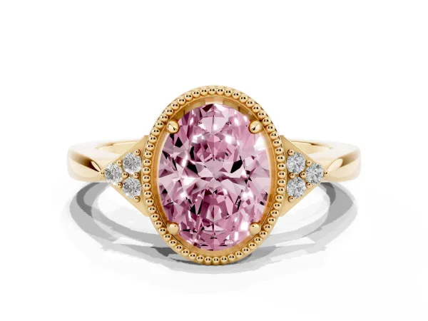 Fancy Pink Hexagonal Halo Oval Cut Diamond Solitaire with Pavé Band and Four-Prong Setting Yellow gold