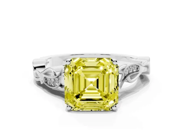 Fancy Yellow Asscher Cut Solitaire Vine Band with Milgrain Prong Setting White gold