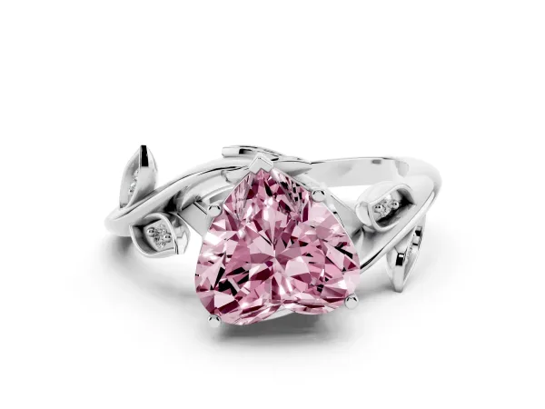 Fancy Pink Heart Cut Solitaire Twist Engagement Ring with Leaf Accents and Prong Setting Platinum