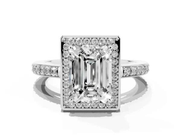 Emerald Cut Halo Pave Band Solitaire Ring with Prong Setting White gold