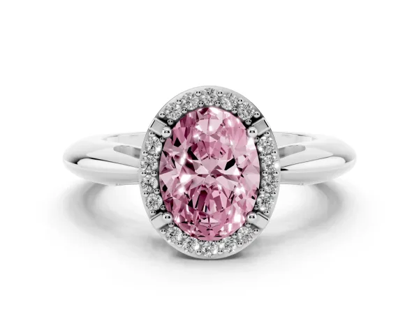 Fancy Pink Oval Cut Cut Diamond Halo Engagement Ring with Split Shank and Four-Prong Setting White gold