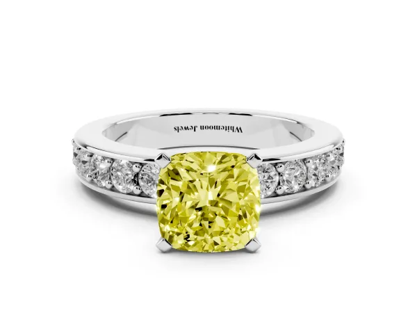 Fancy Yellow Cushion Cut Diamond Engagement Ring with Channel Set Round Band and Prong Setting White gold