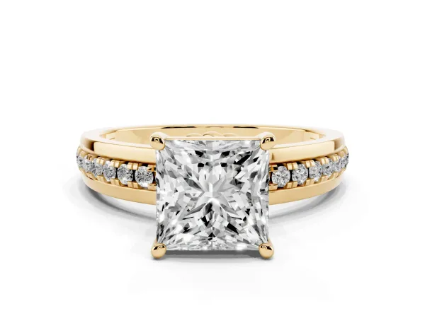 Princess Cut Solitaire Diamond Ring with Channel Set Band and Six-Prong Setting Yellow gold