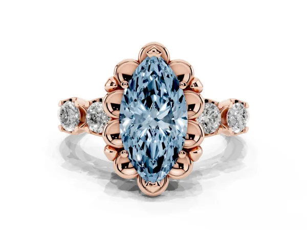 Fancy Blue Marquise Cut Cut Diamond Floral Halo Engagement Ring with Shared Prong Setting Rose gold
