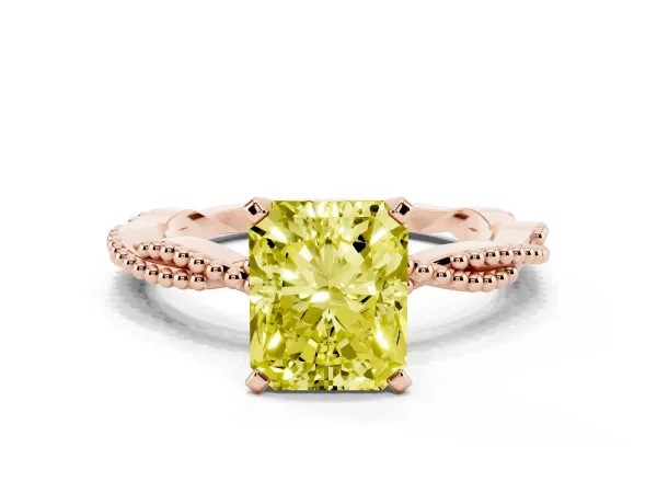 Fancy Yellow Radiant Cut Solitaire Twisted Band with Bead Prong Setting Rose gold