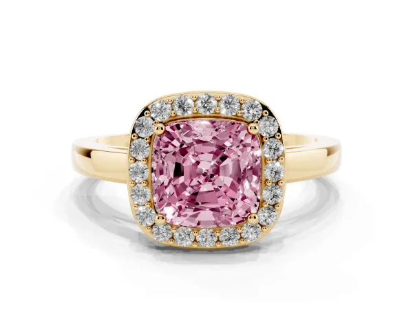 Fancy Pink Cushion Cut Halo Diamond Ring with Solitaire Band and Prong Setting Yellow gold