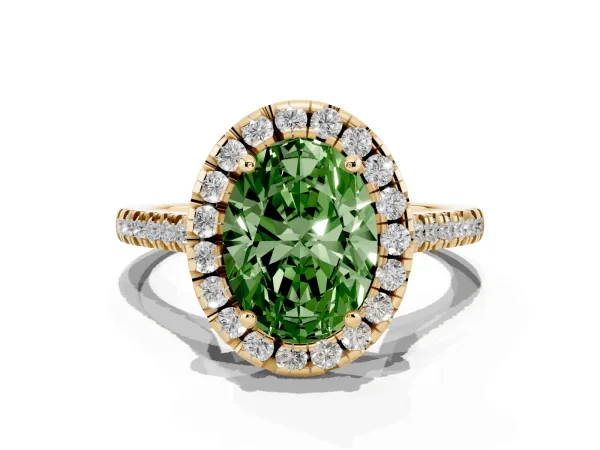 Fancy Green Oval Cut Diamond Cushion Halo Ring with Pavé Band Yellow gold