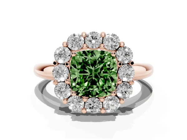 Fancy Green Cushion Cut Halo Cluster Diamond Engagement Ring with Prong Setting and Polished Band Rose gold