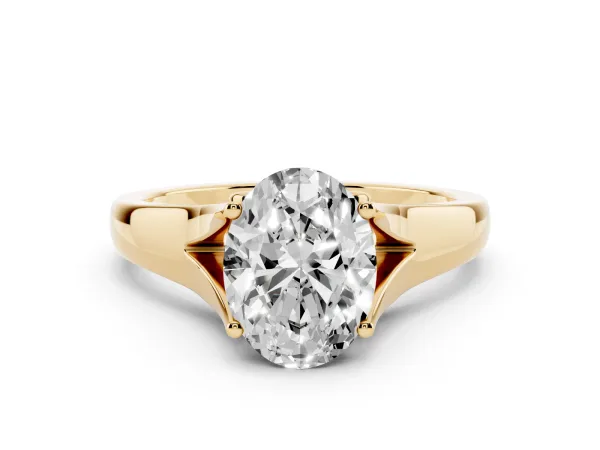 Oval Cut Solitaire Diamond Ring with Cathedral Band and Four-Prong Setting Yellow gold
