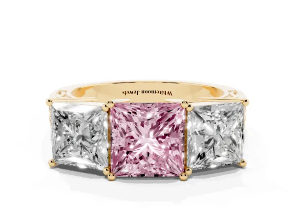 Fancy Pink Princess Cut Diamond Three-Stone Ring with Prong Setting and Textured Band Yellow gold