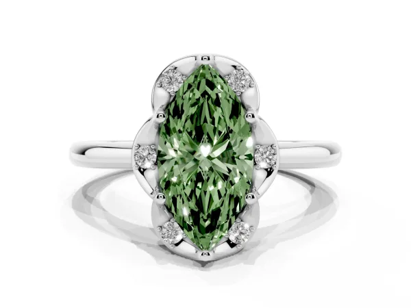 Fancy Green Marquise Cut Halo Diamond Ring with Round Cluster Setting, Solitaire Band, and Four-Prong Setting Platinum